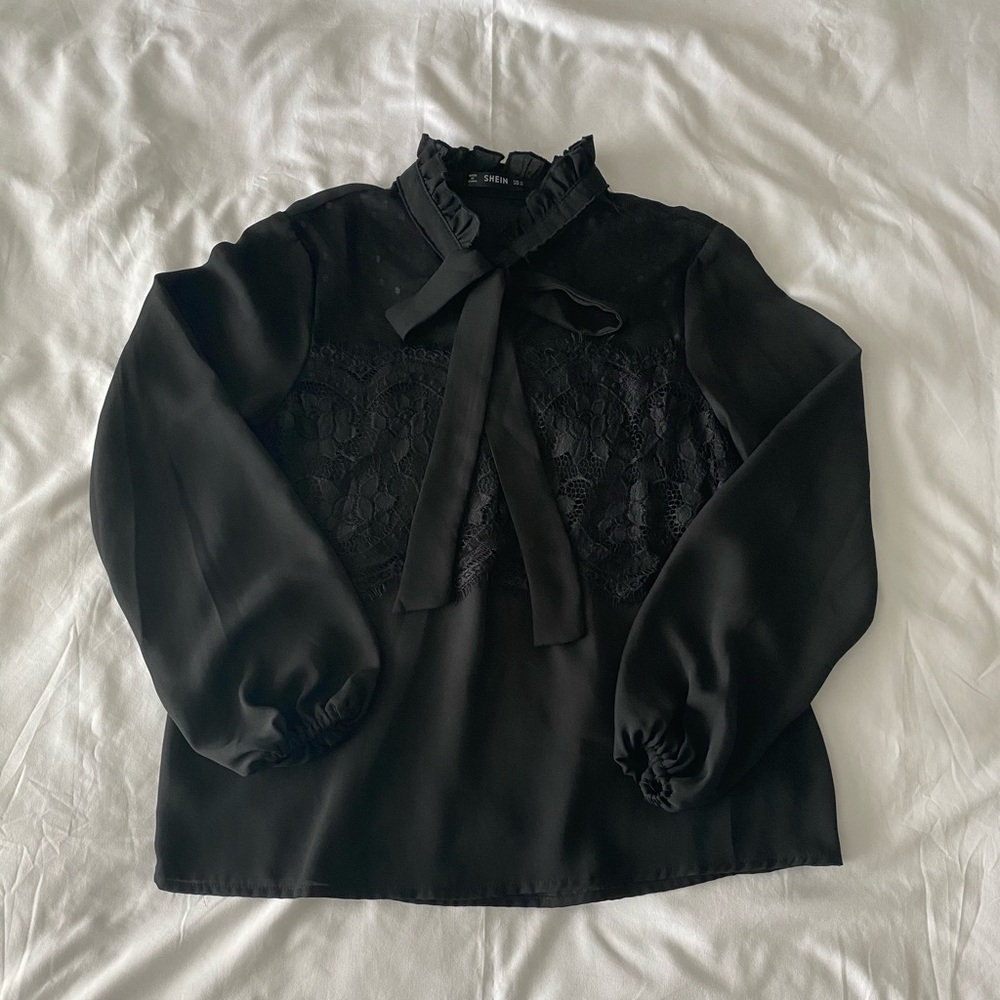 Black Frill Tie Neck Blouse With Lace Panel